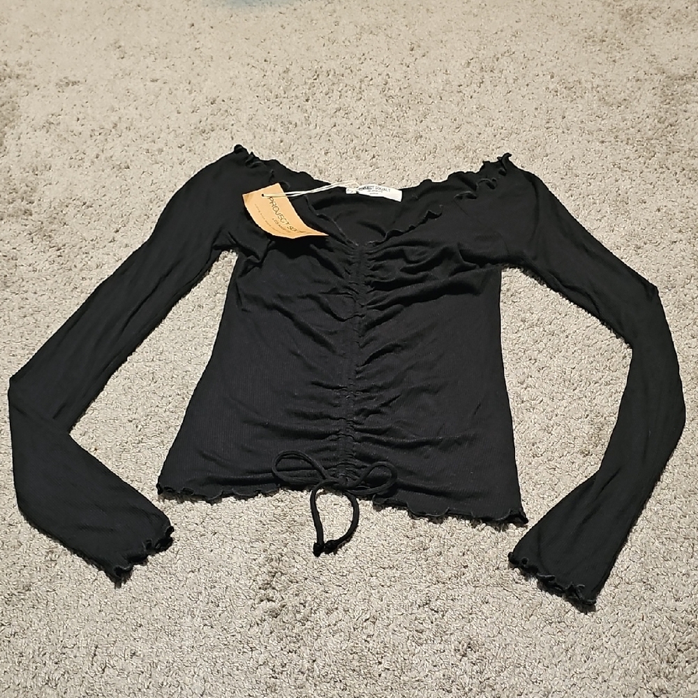 Project Social T Black Ruched Long Sleeve Top Size M